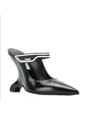 PRADA  2019 Spazzolato Leather Jane Sculptural Heel Pumps Black White Logo EU39